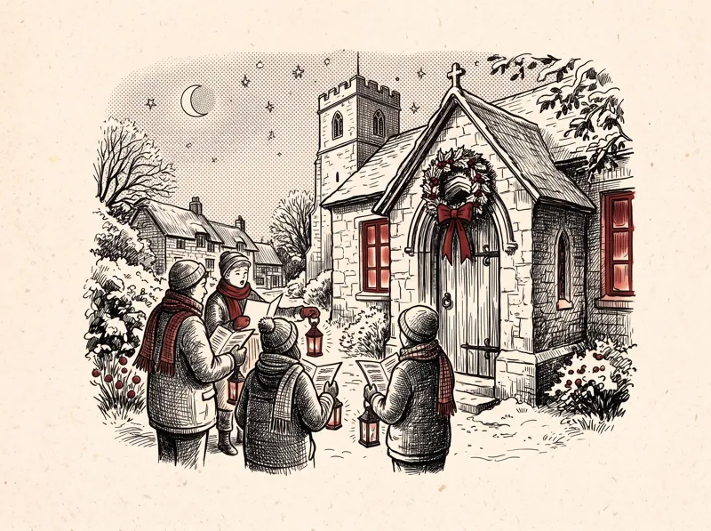 A pen and ink drawing of carol singers with lanterns outside a church porch on a winter night.