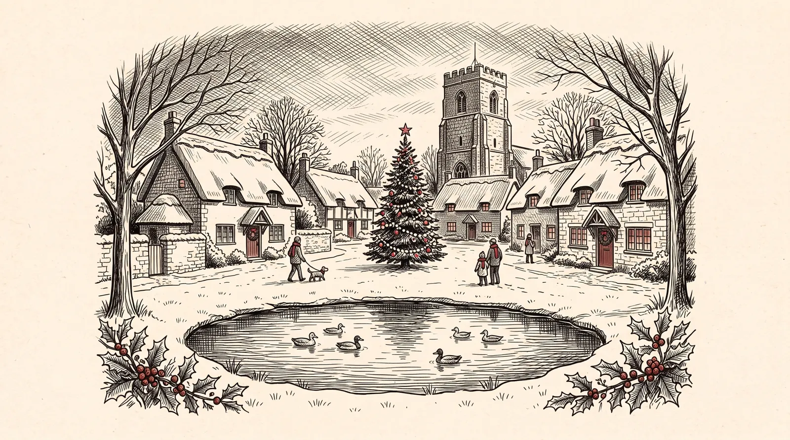 A pen and ink drawing of a village green at Christmas: a pond with ducks, a church tower, thatched cottages with wreaths on the doors and a tall lit Christmas tree.