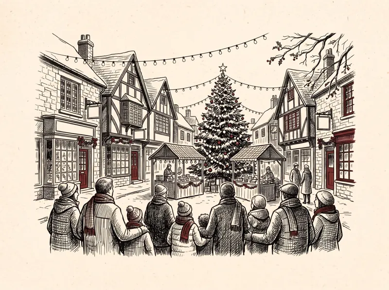 A pen and ink drawing of a market town square at night with Christmas lights strung across the street and a big lit tree.