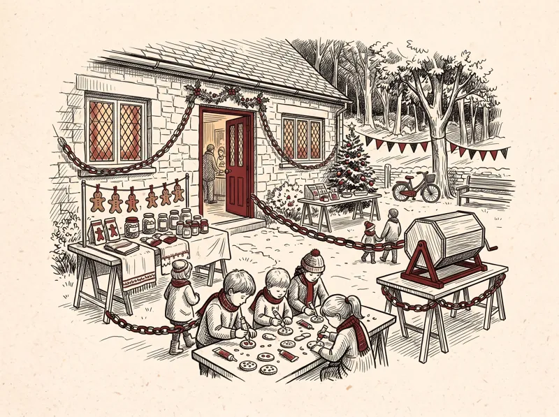 A pen and ink drawing of a Christmas market outside a village hall: stalls, gingerbread men, a tombola and children decorating cookies.