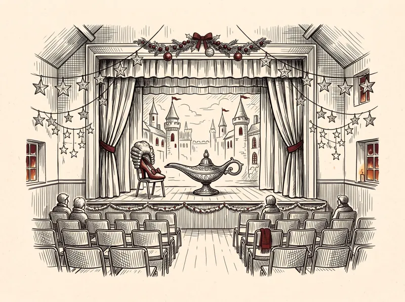 A pen and ink drawing of a village hall stage set for a pantomime, with a magic lamp on the boards.
