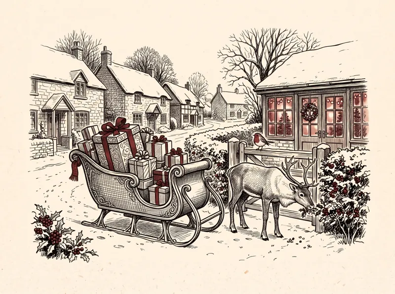 A pen and ink drawing of Father Christmas's sleigh full of presents by a garden gate, a reindeer nibbling the hedge.