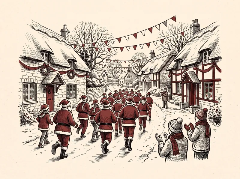A pen and ink drawing of runners in Santa suits jogging down a village lane between thatched cottages.