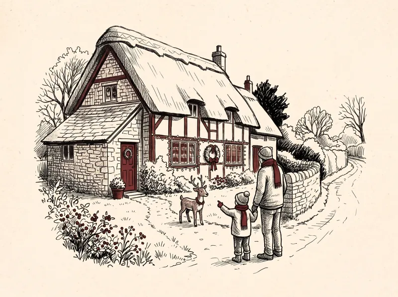 A pen and ink drawing of a thatched cottage decorated for Christmas, a child pointing at a reindeer in the garden.