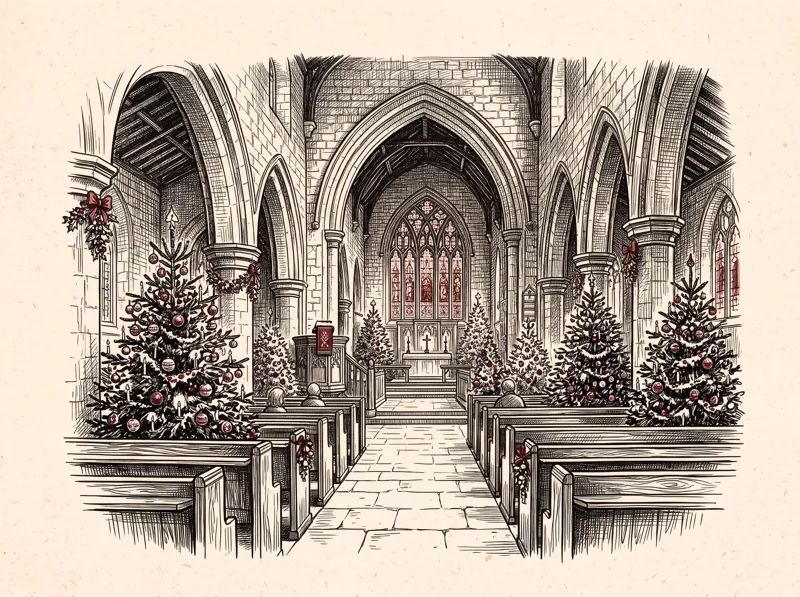 A pen and ink drawing of a church nave lined with decorated Christmas trees.