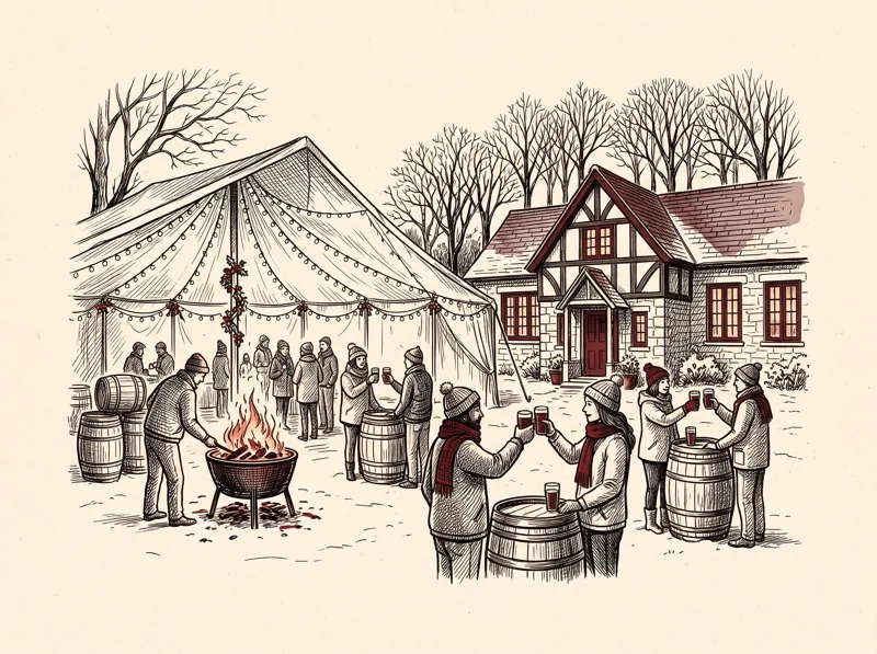 A pen and ink drawing of a winter beer festival: a marquee with fairy lights, barrels and a brazier.