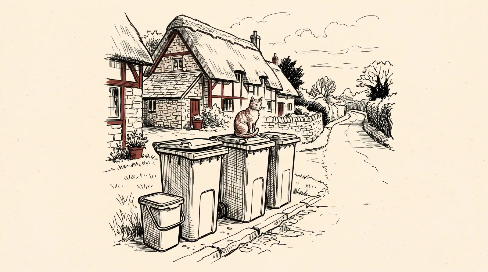A pen and ink drawing of three wheelie bins and a food caddy at the kerb outside a thatched village cottage, a cat sitting on one lid.