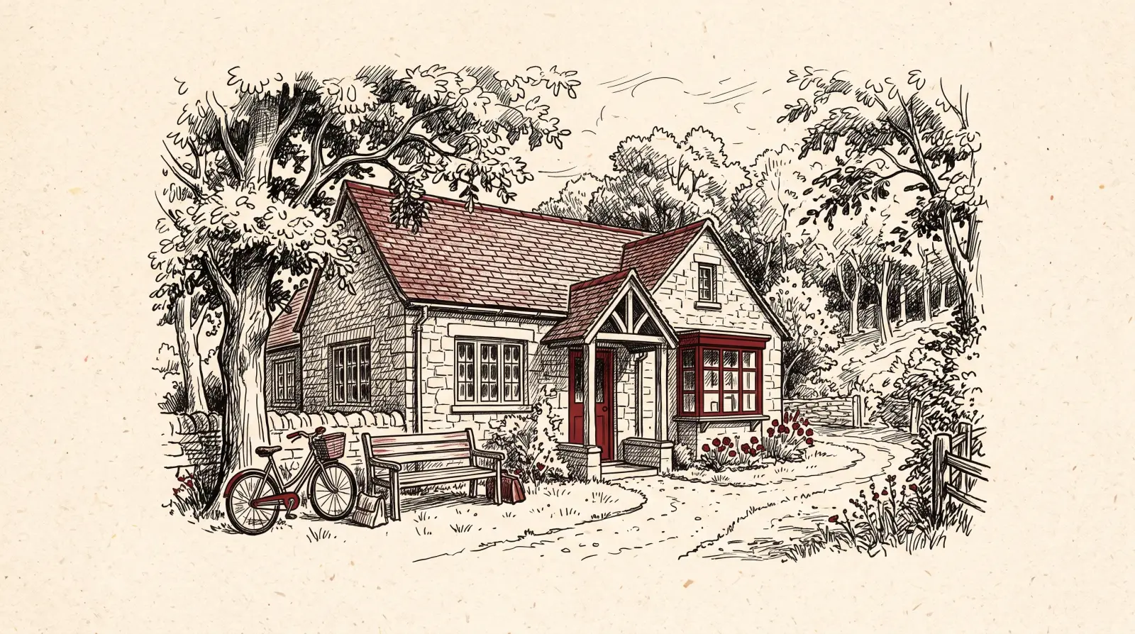A pen and ink drawing of a single-storey village surgery with a pharmacy window, a bench and a bicycle outside.