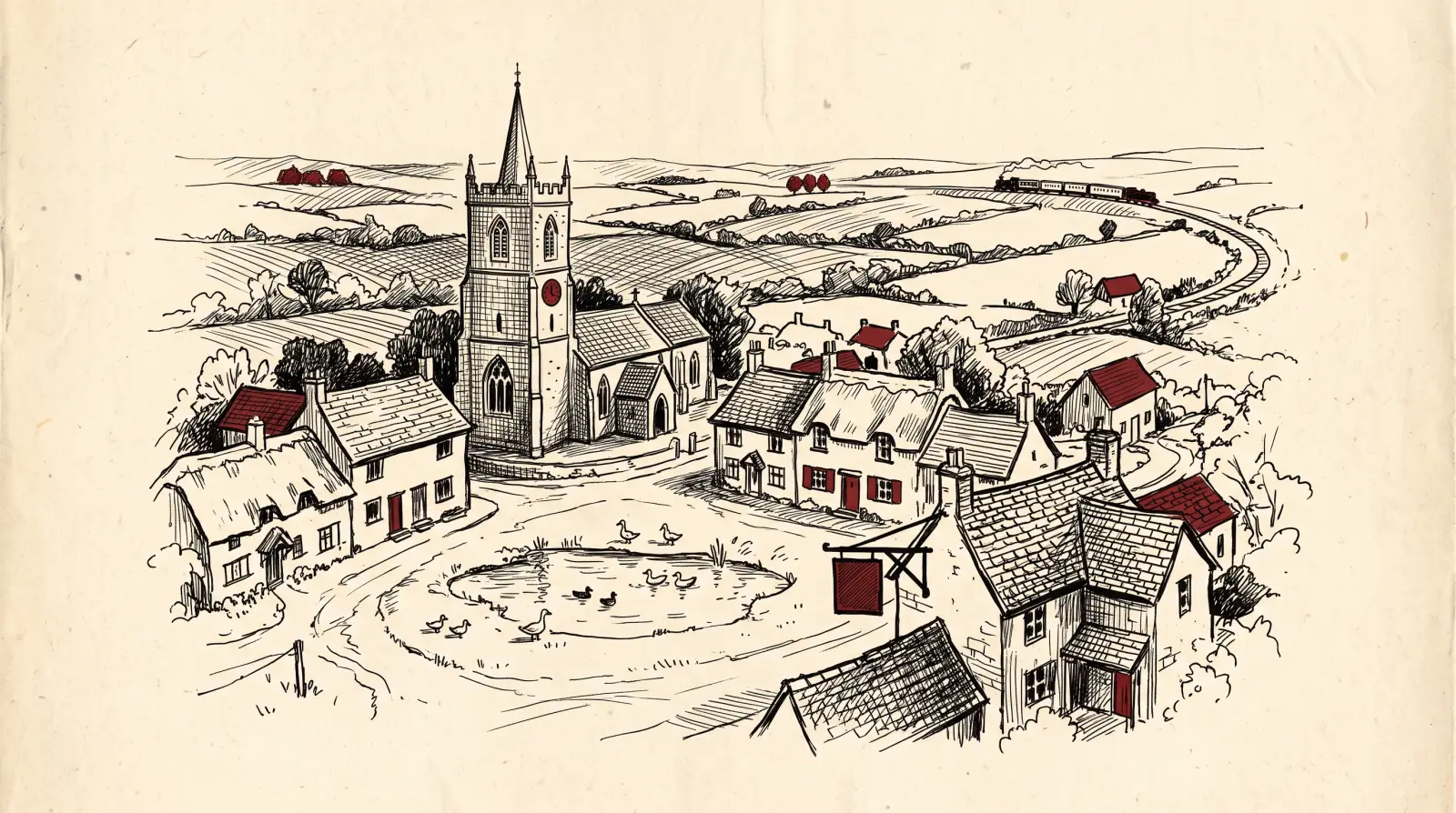 A pen and ink drawing of an old English village seen from a rise: a church tower, a green with a pond, cottages and fields.
