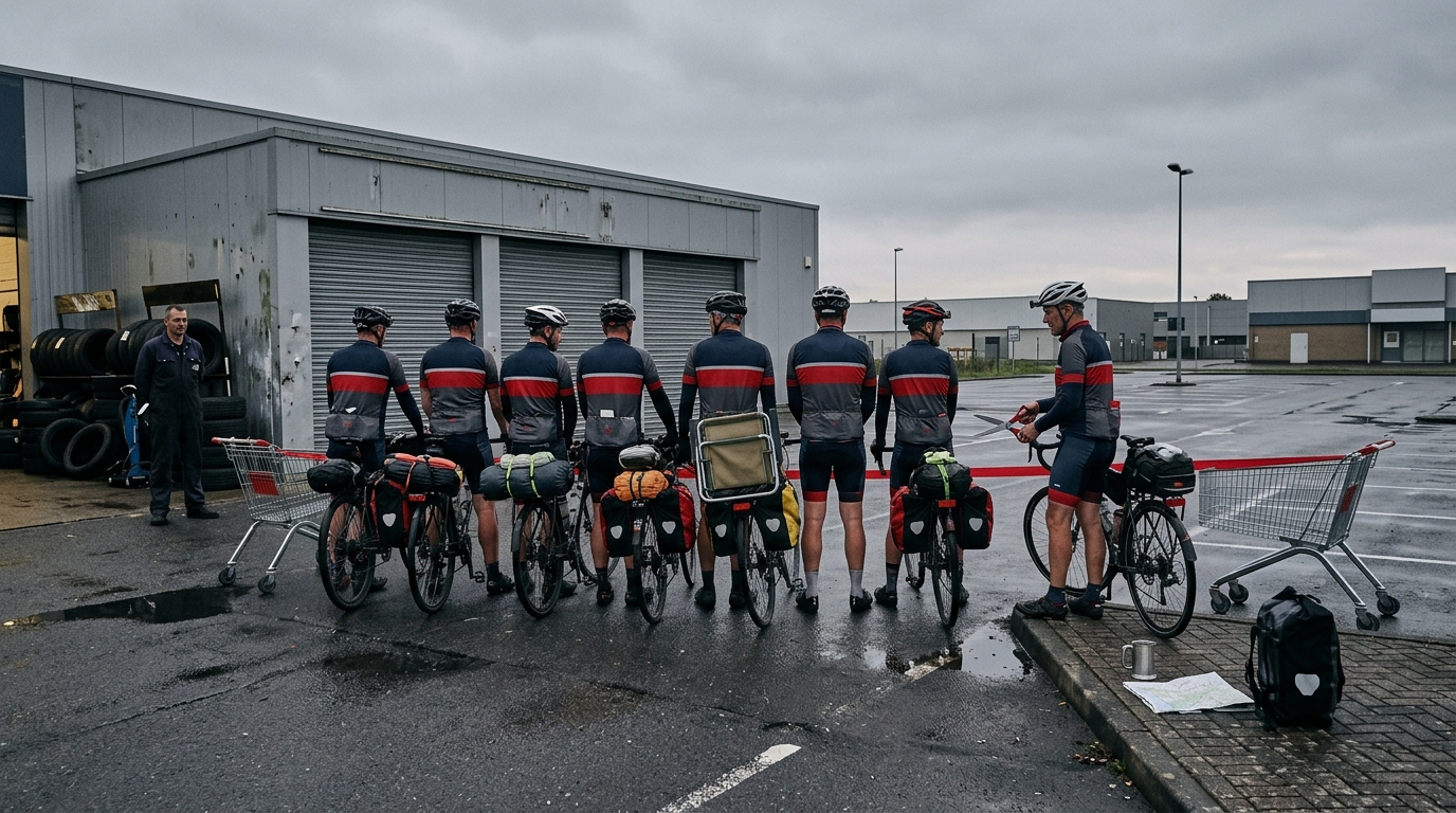 Photograph illustrating: Thame Delegation Cycles To Twin Town, Arrives In Wrong Country, Declares It "Twinned Now Anyway"