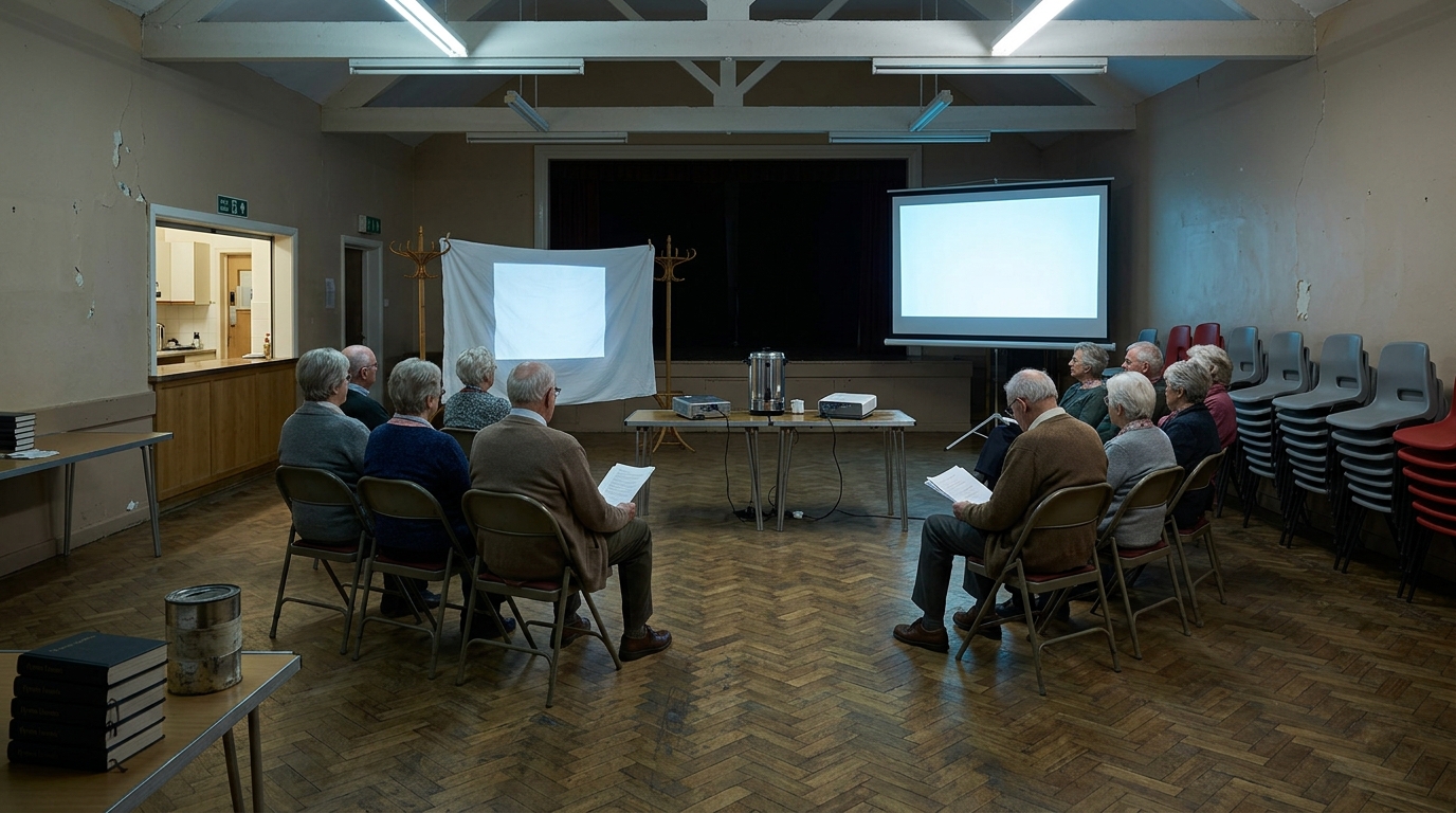 Photograph illustrating: Village Film Night Descends Into Schism After Projector Declared "Too Wide"