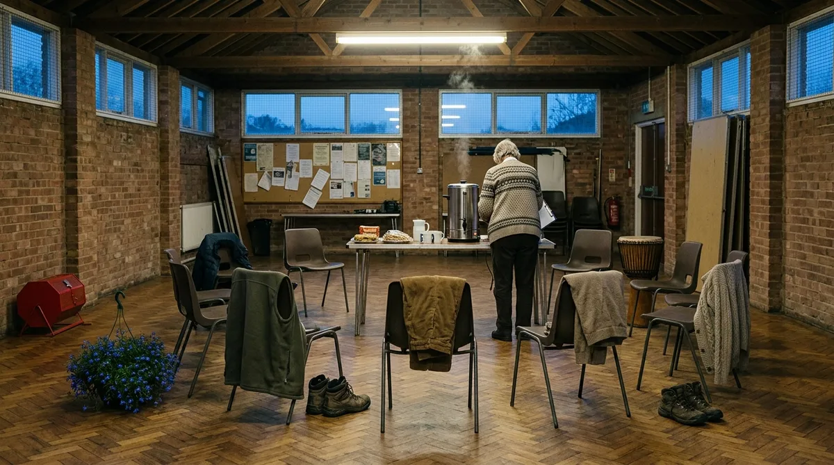 Interior of a village scout hut at dusk
