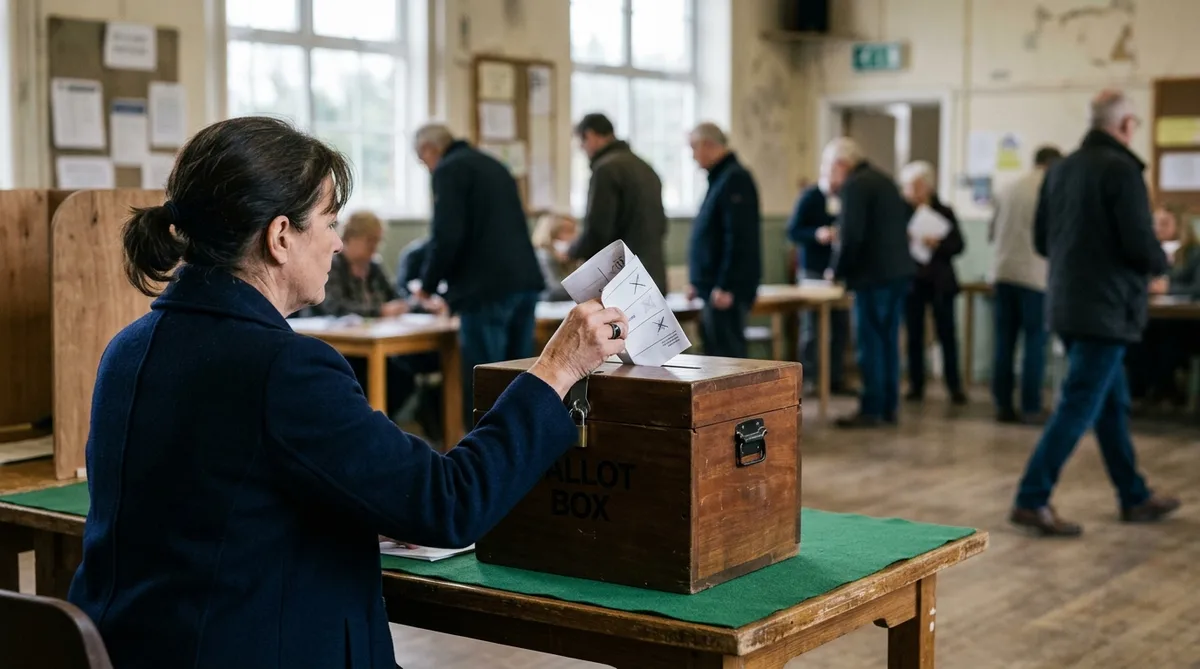 A vote being cast in a democratic election in a modern UK parliamentary voting system background is slightly out of focus