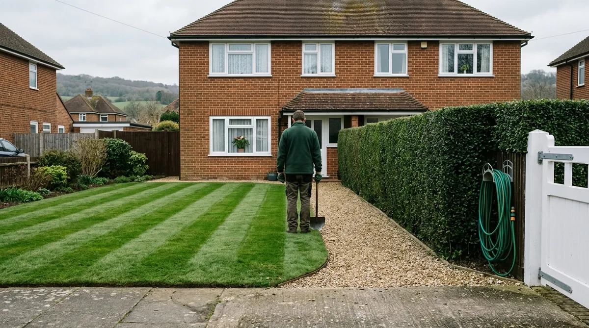 A flawlessly striped front lawn in an English village on a flat grey morning