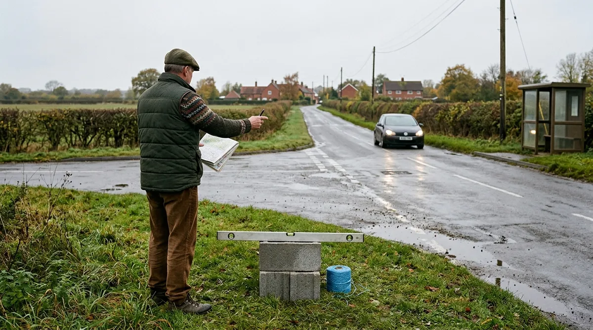 A middle aged man in a quilted gilet and corduroy trousers stands at the edge of a damp village road on the eastern approach