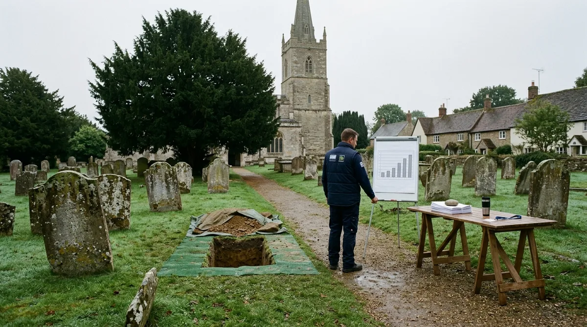 A quiet English village churchyard on a flat grey weekday morning