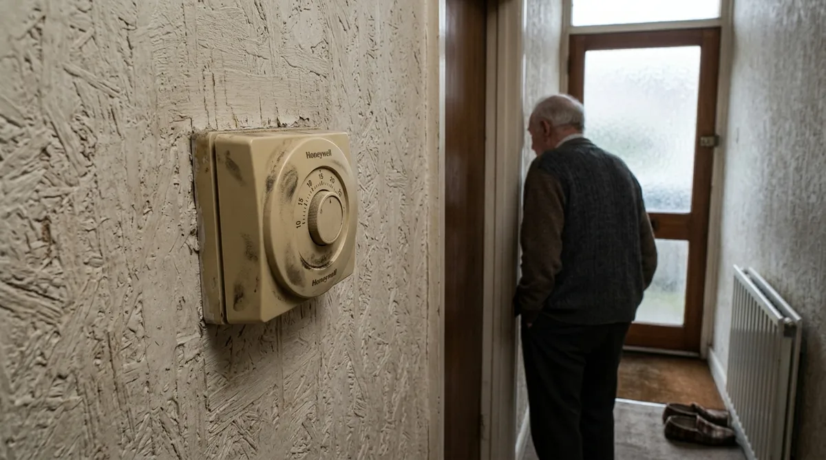 A beige plastic wall thermostat mounted on woodchip wallpaper in a narrow hallway