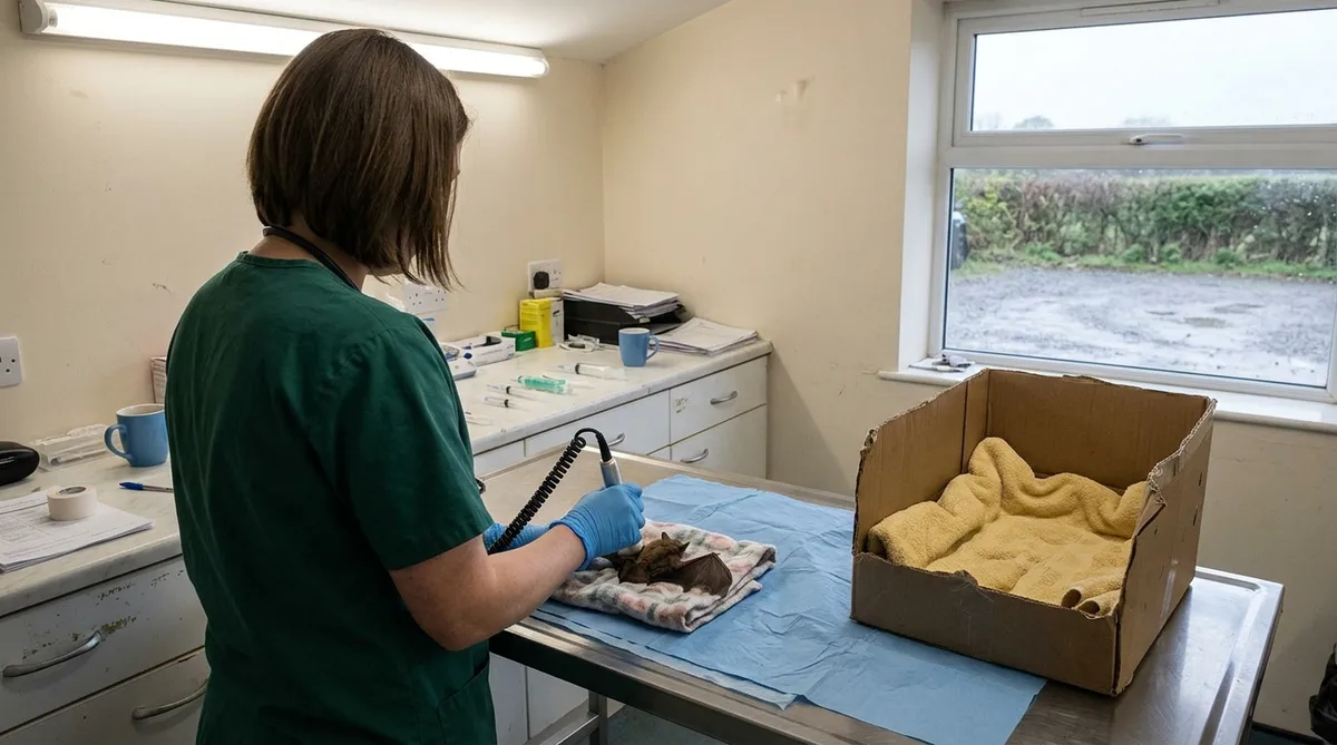 Interior of a modest wildlife hospital treatment room on a weekday afternoon, with scuffed white worktops