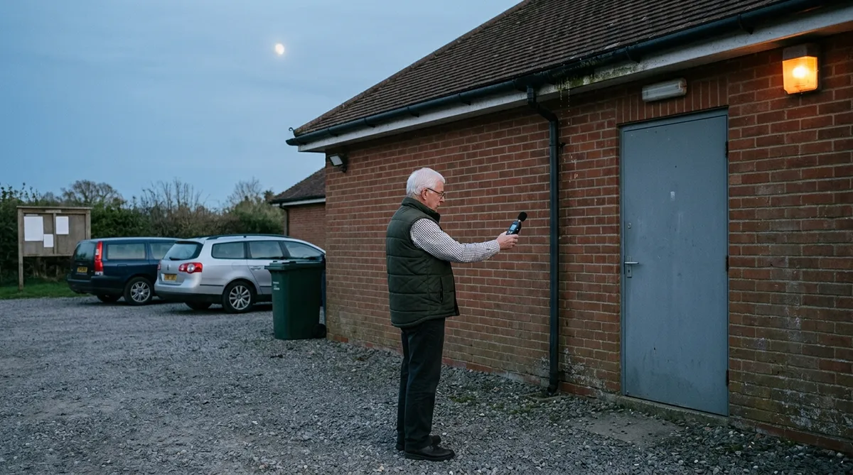 Dusk in the gravel car park of a plain brick village hall, where a man in his seventies with white hair
