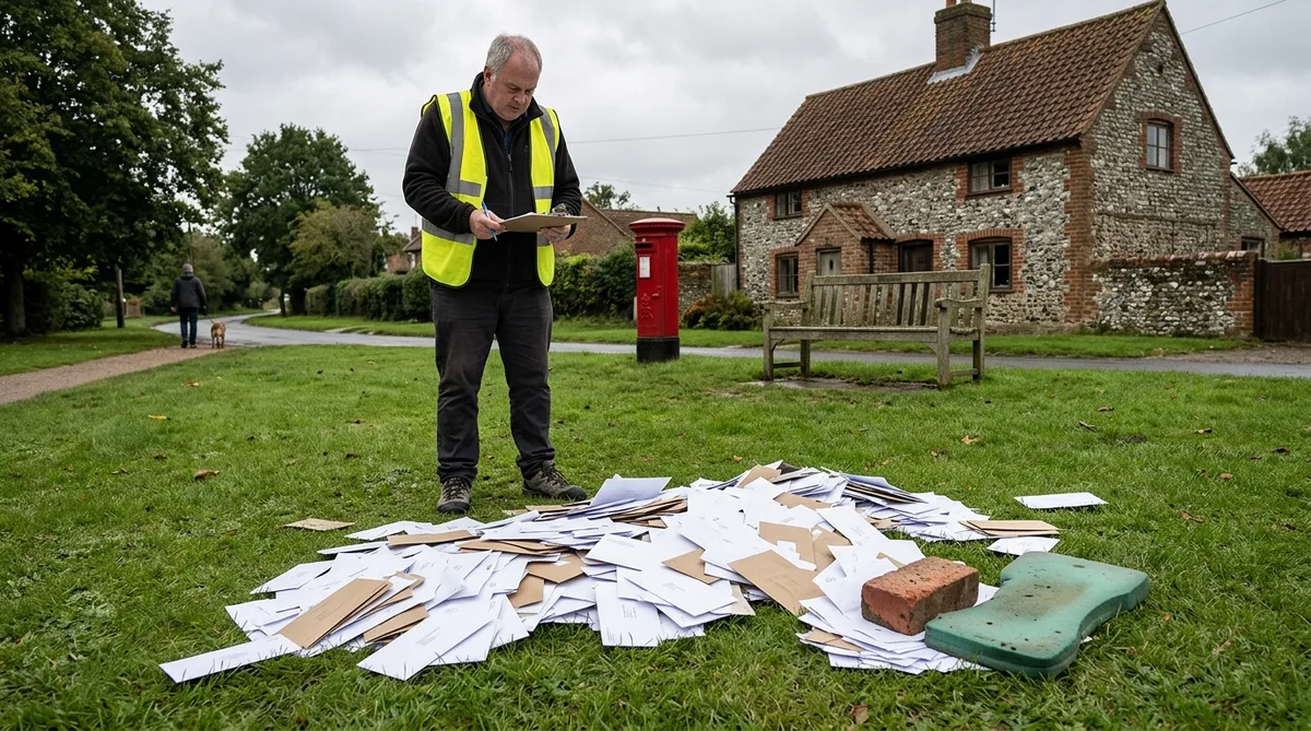 A loose knee-high heap of white and brown envelopes sits directly on the mown grass of an English village green