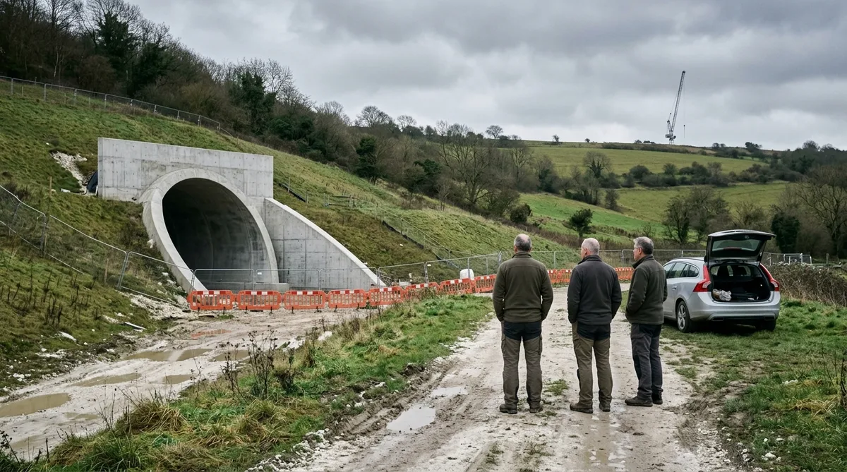 A freshly finished concrete tunnel portal set into a green Chiltern hillside near Wendover