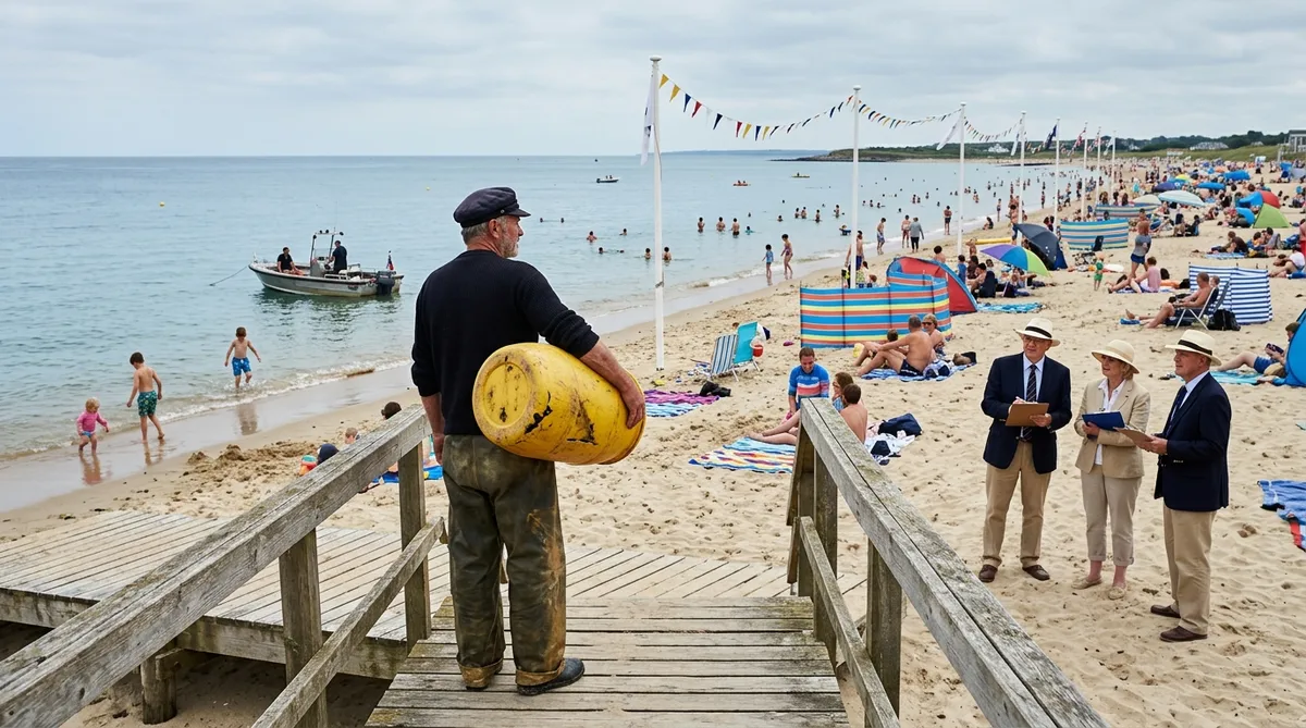 A crowded New England resort beach on a flat blue sea