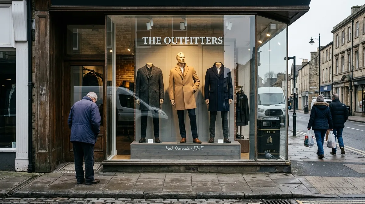 A plate glass menswear shop window on a grey English market town high street at mid morning