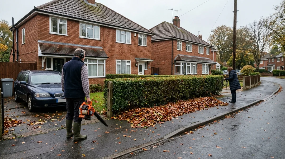A quiet suburban village street on a damp October morning