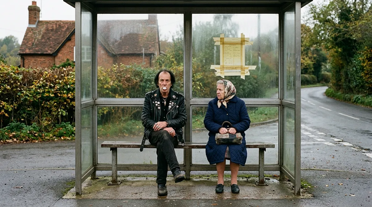 A plain glass and steel bus shelter on a village road in flat grey English morning light