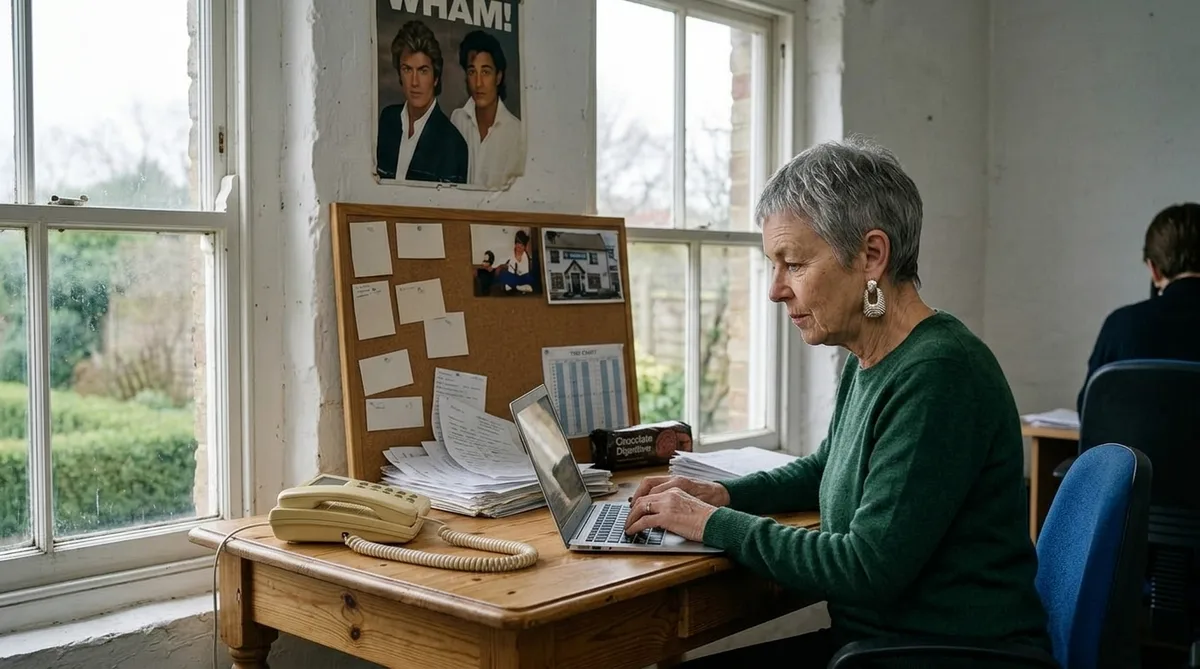The women in reference pic one sits in the office in reference 2
