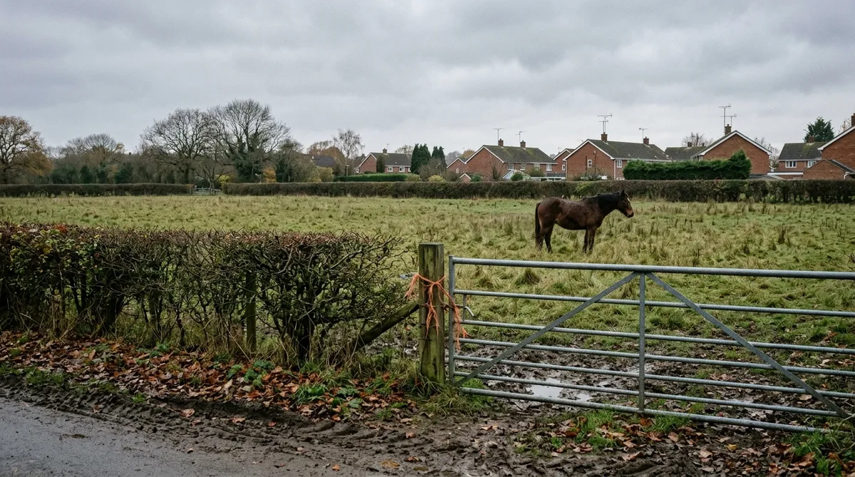A plain English field of long wet grass behind a low hawthorn hedge on the edge of a village