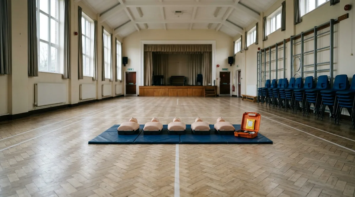 An empty secondary school hall in an English village, with pale parquet flooring