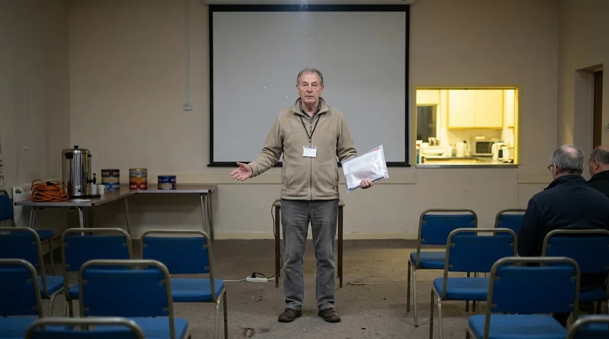 Inside a plain English village hall at night