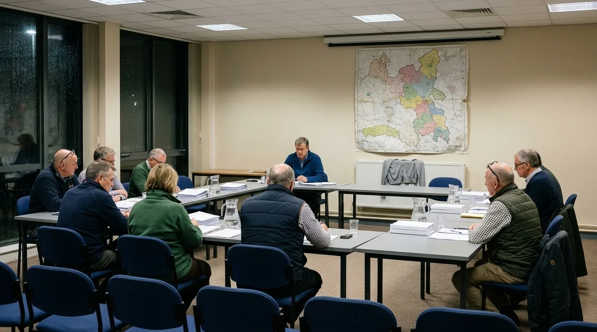 A fluorescent-lit committee room in an Aylesbury council building on a Tuesday evening