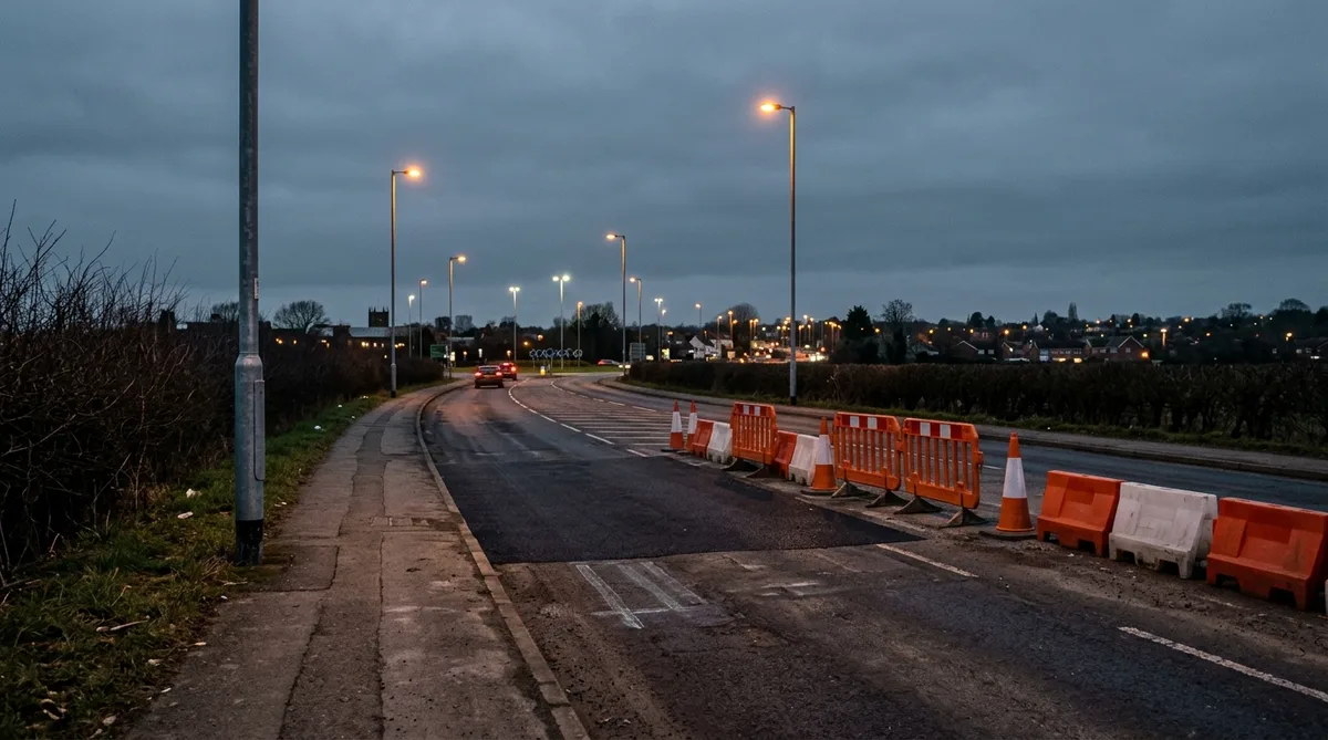 A wide, empty stretch of two lane A road on the edge of an English market town at dusk