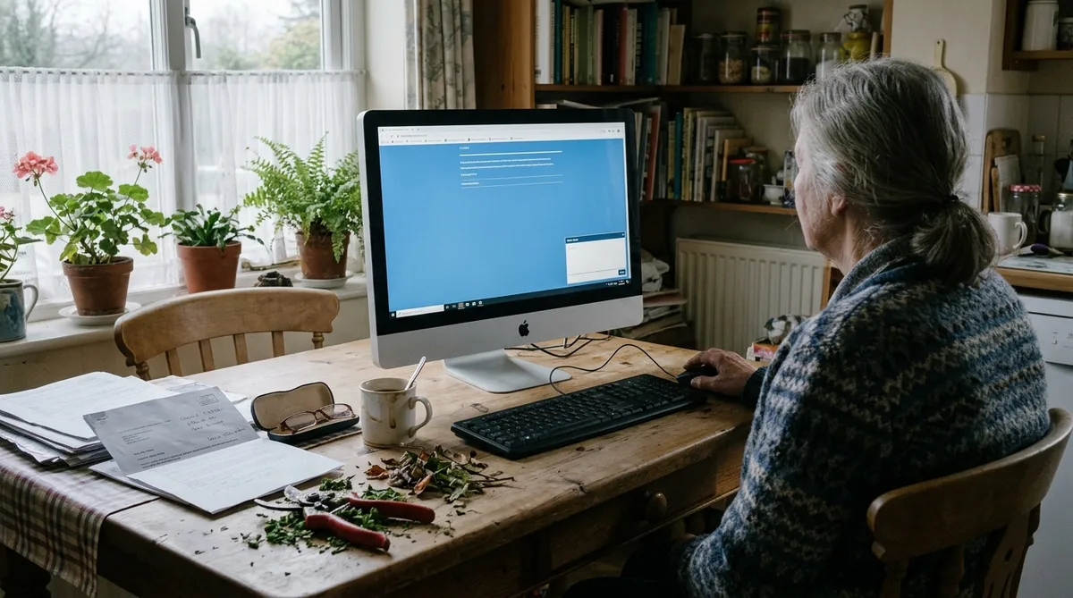 A desktop computer on a cluttered kitchen table in a Buckinghamshire village house