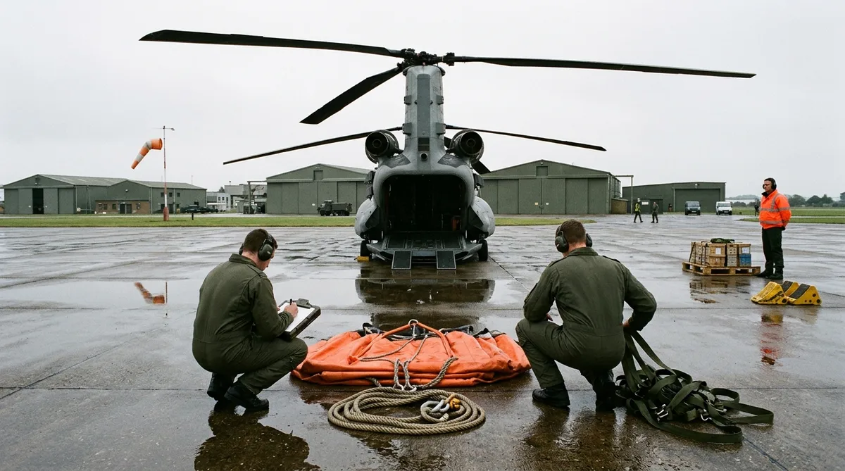 A grey RAF Chinook sits on wet tarmac at a British military airfield under flat overcast morning light
