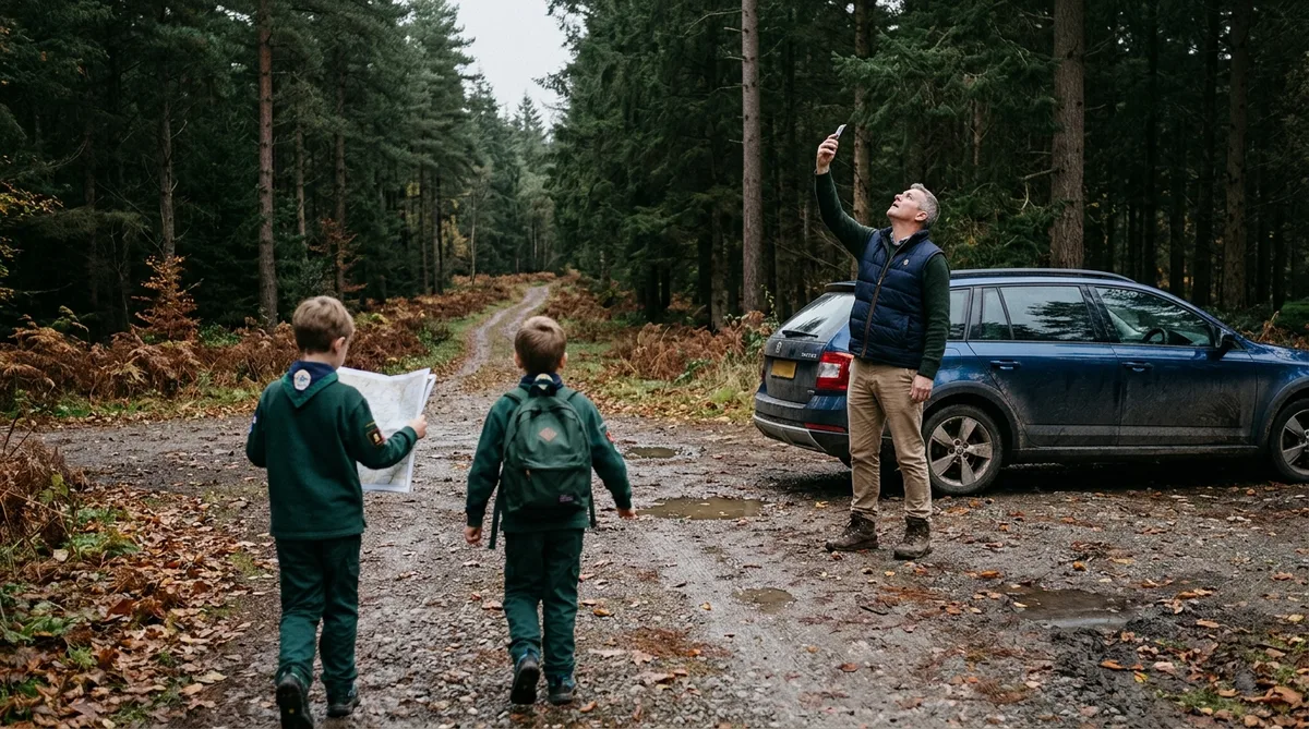 A gravel car park at the edge of a conifer wood on a flat grey autumn morning